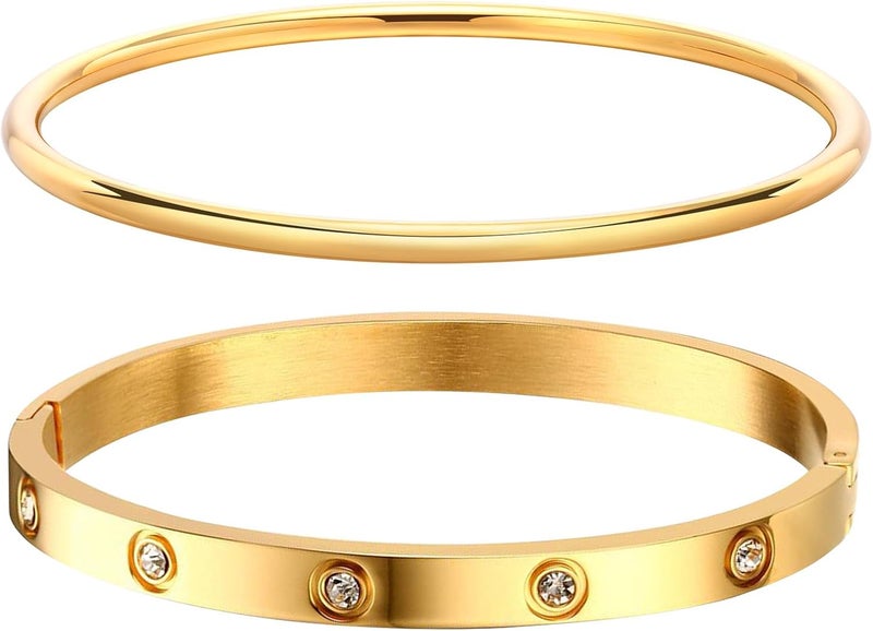 MPRAINBOW Gold Bracelets for Women, 2Pcs 18K Gold Plated Cubic Zirconia Bangle Crystal Friendship Bracelet Jewelry,Wedding Party Christmas Birthday Gifts for Her Girlfriend Sister Daughter - Image 1